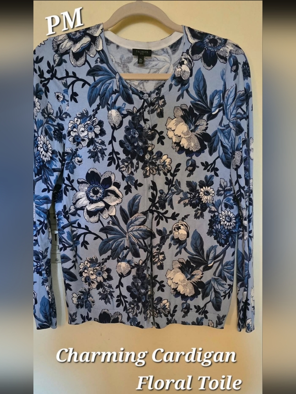 Talbots PM Charming Cardigan, Blue Floral Toile